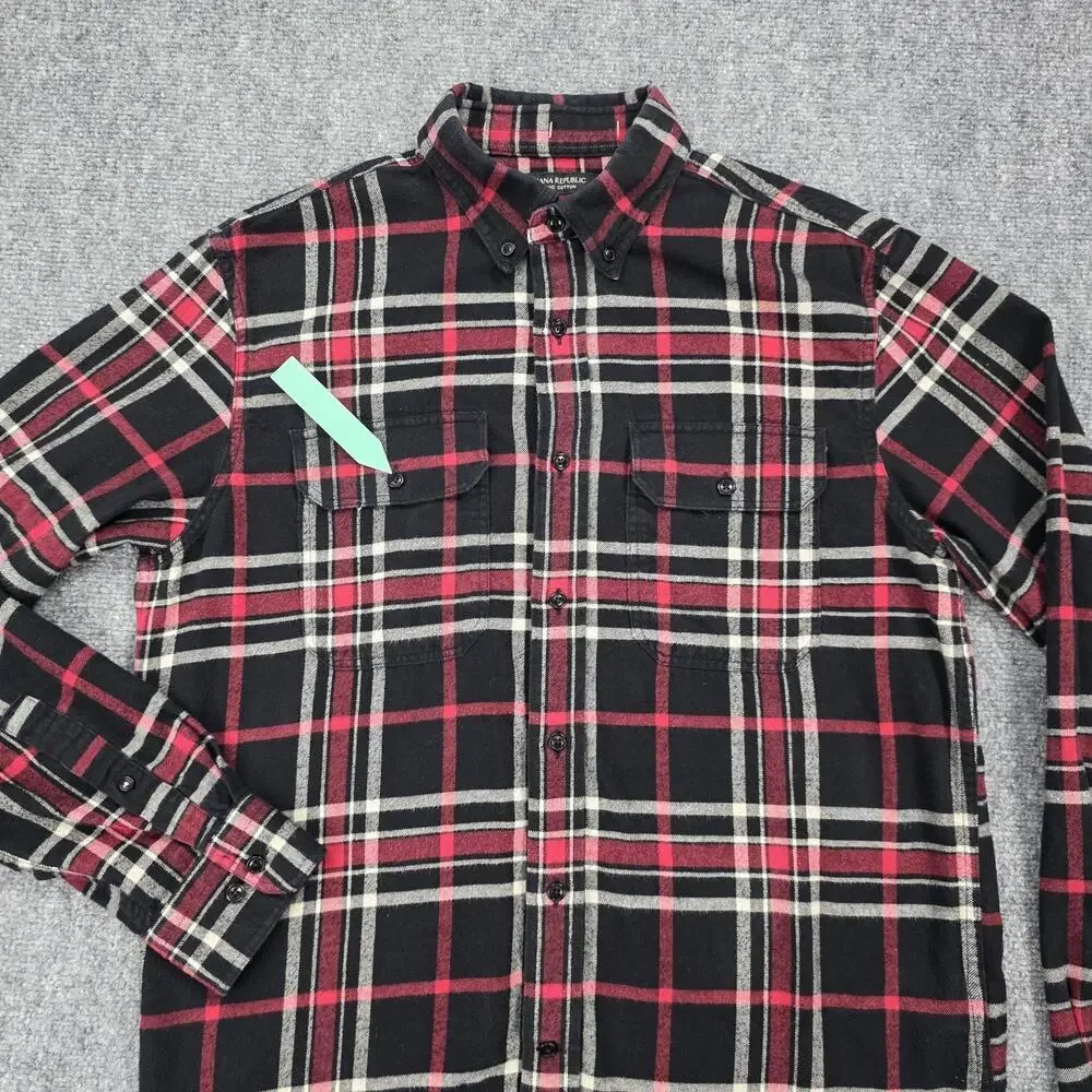 Banana Republic Shirt Mens Tall Medium Black Red Plaid Flannel Organic Untucked